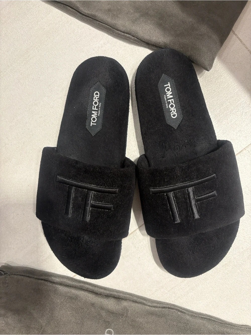 Tom Ford Black Suede TF Logo Slide Sandals
